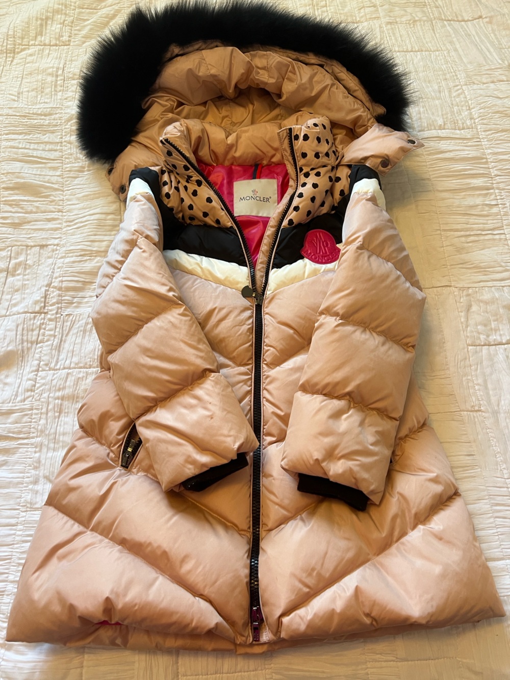 Moncler kids Light Pink Quilted Down Coat with Black Fur Hood